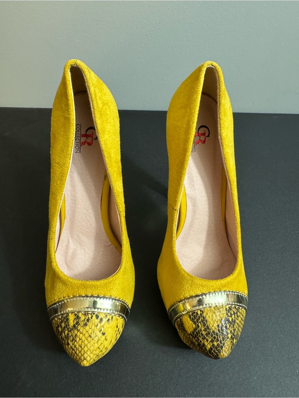 CR Collection Yellow Suede Pointed-Toe Pumps with Snakeskin Accent